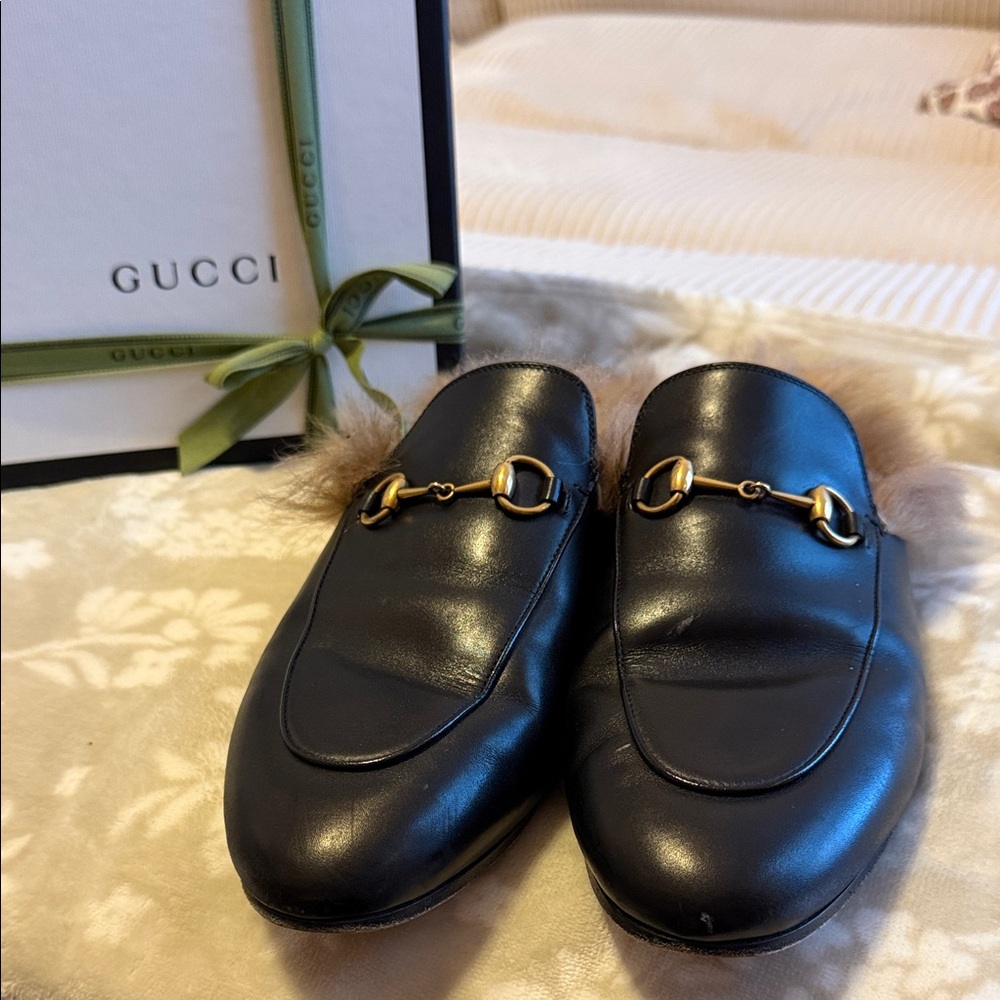 Gucci Black Mules with Gold Accents and Fur Insole